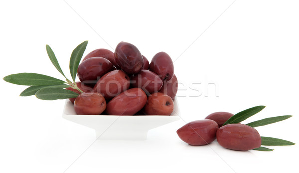 Foto stock: Aceitunas · aceitunas · negras · tazón · hoja · alimentos