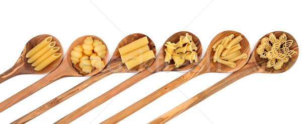 Stock foto: Pasta · Olivenöl · Holz · Löffel · weiß · Hintergrund