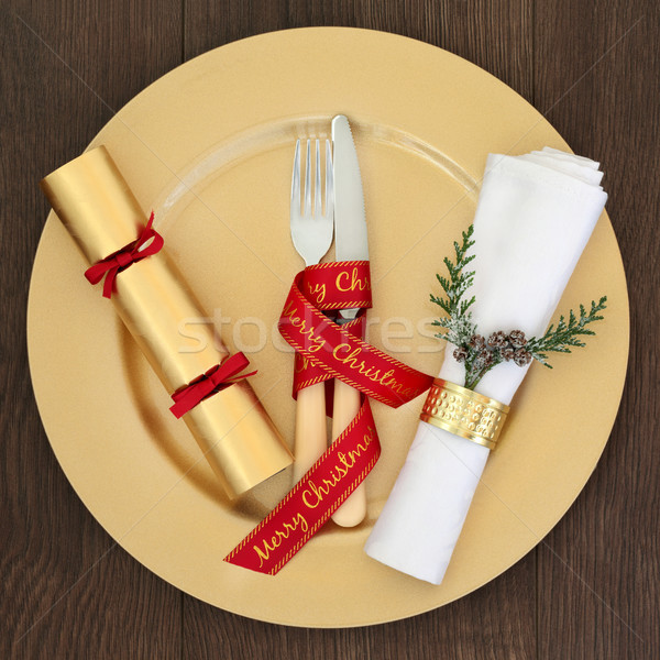 Stock fotó: Karácsony · ebédlőasztal · asztal · hely · arany · vacsora