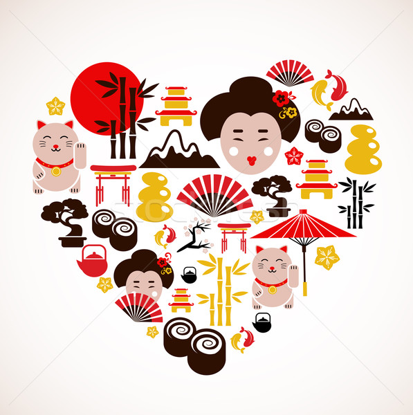 Forma de inima Japonia icoane colectie femeie alimente Imagine de stoc © marish