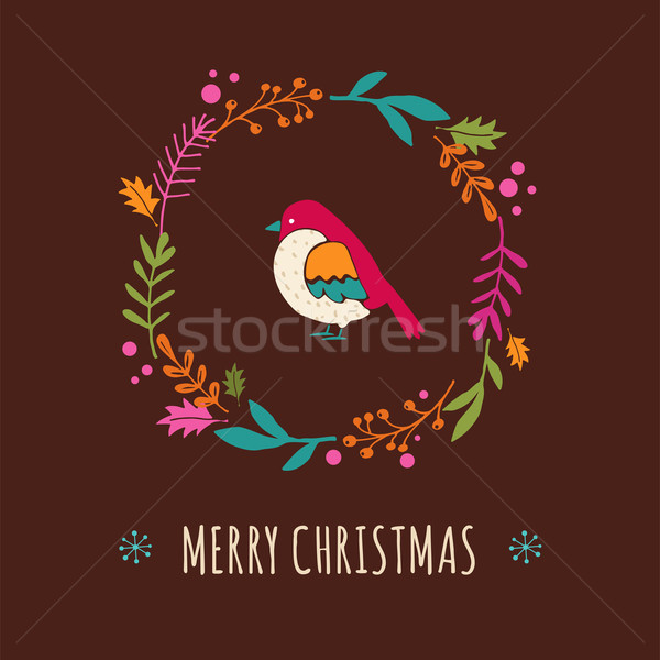Foto stock: Natal · coroa · pássaro · cartão · colorido · bonitinho