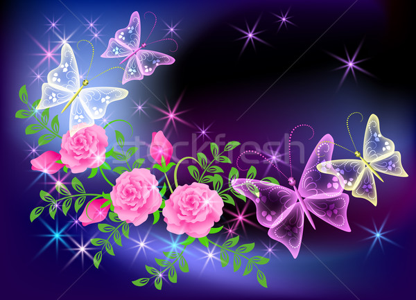 Glowing transparent flowers and butterfly Stock photo © Marisha