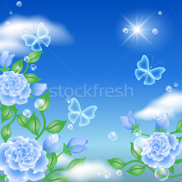 Stock foto: Schmetterling · Rosen · blau · Himmel · Blume · Frieden