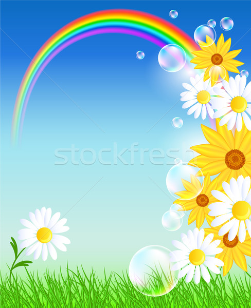 Fleurs herbe verte Rainbow prairie bulles ciel bleu [[stock_photo]] © Marisha