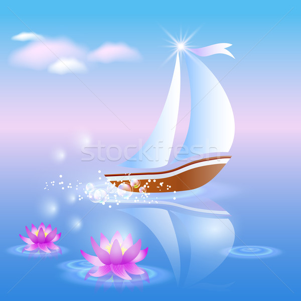 Stock photo: Sailing boat and violet lilies