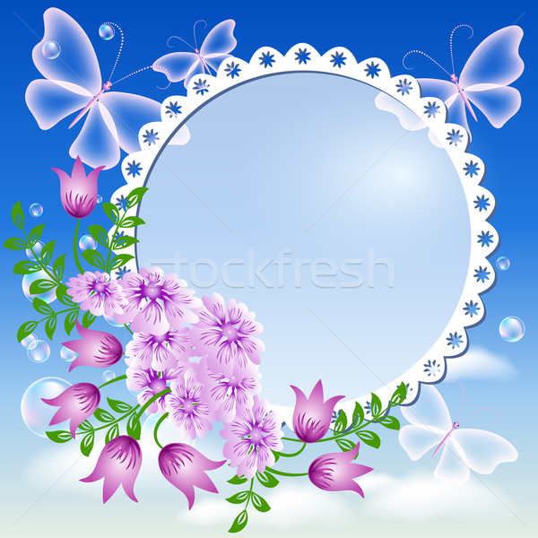 Stock photo: Flowers, butterflies  in the sky and photo frame