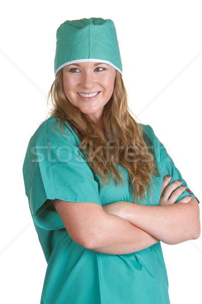 Nővér cserjék mosolyog női visel zöld Stock fotó © markhayes