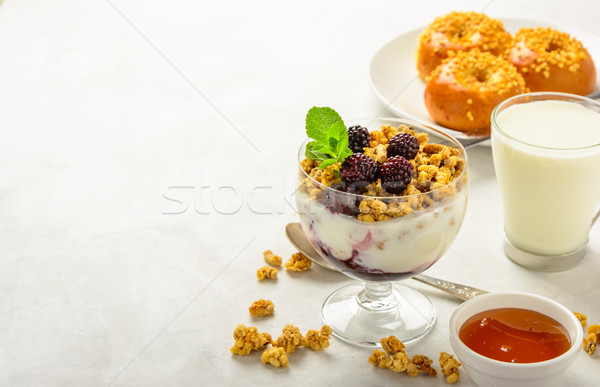 Breakfast of granola, buns brioche, honey and milk Stock photo © markova64el