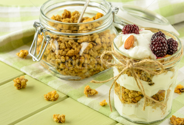 Healthy breakfast ingredients on a light green wooden table. Stock photo © markova64el