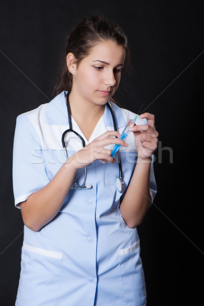 [[stock_photo]]: Jeunes · Homme · médecin · stéthoscope · seringue · femme