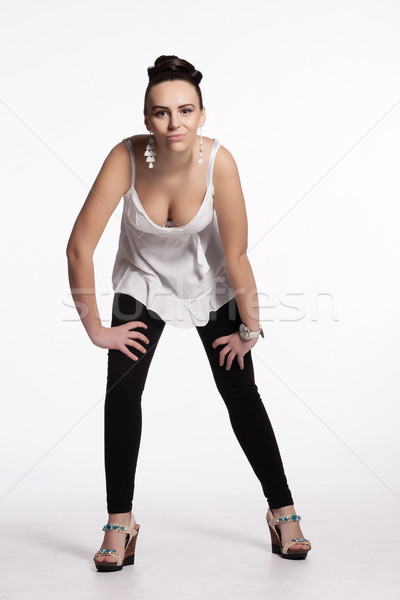 Foto stock: Interesante · peinado · blusa · blanca · negro · polainas