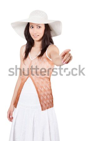 Stock fotó: Nő · fehér · szalmakalap · barna · hajú · fehér · ruha · pózol
