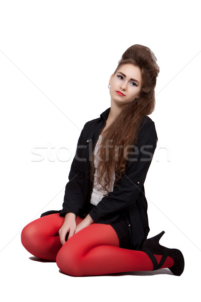 [[stock_photo]]: Adolescente · noir · rouge · vêtements · robe · rouge · séance