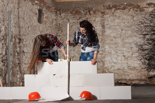 Dois jovem mulher novo parede blocos Foto stock © maros_b