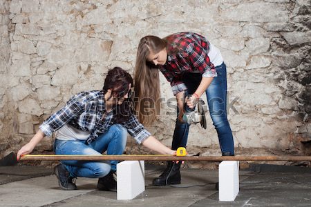 Two young long-haired woman with a drill and screwdriver Stock photo © maros_b