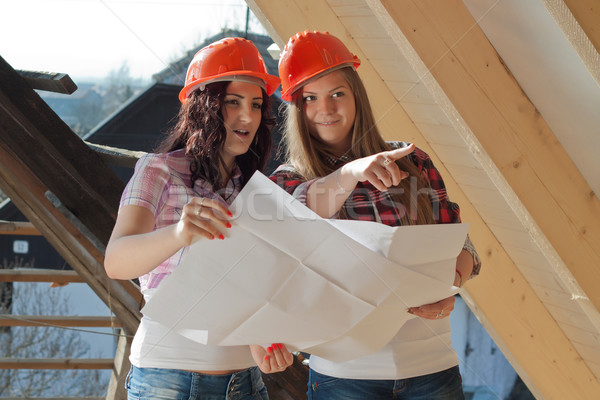 Two young women workers on the roof Stock photo © maros_b