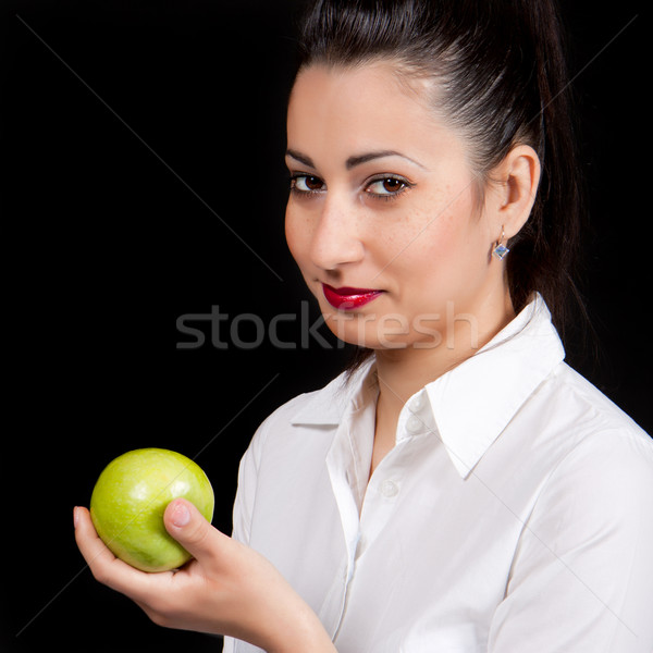 Stockfoto: Vrouw · eten · groene · appel · hand