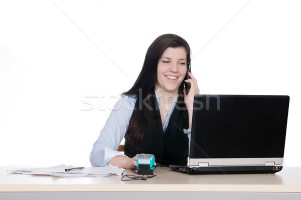 Młoda kobieta za biurko telefonu pracy laptop Zdjęcia stock © maros_b