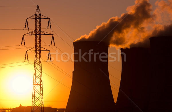 發電廠 日落 天空 建設 太陽 橙 商業照片 © martin33