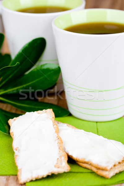 two cups of tea and crackers with cream cheese Stock photo © marylooo