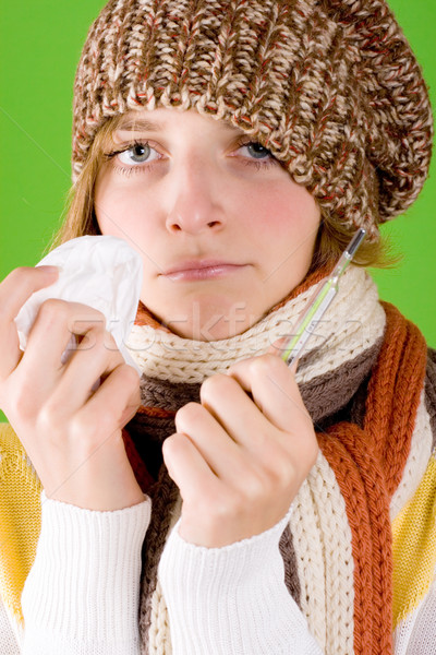 Nő zsebkendő hőmérő portré zöld egészség Stock fotó © marylooo