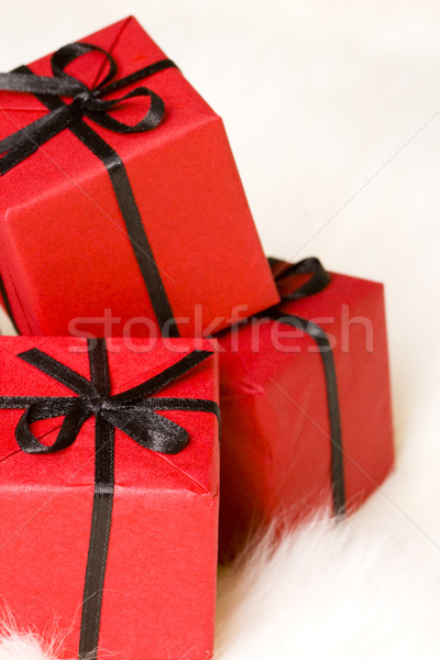 Piros ajándékdobozok fehér szőr papír születésnap Stock fotó © marylooo