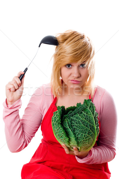 woman with fresh savoy cabbage and ladle Stock photo © marylooo