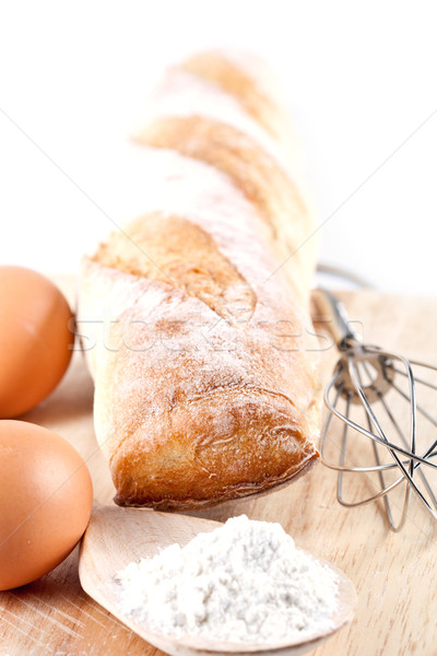 Kenyér liszt tojások konyhai eszköz csendélet fa deszka Stock fotó © marylooo