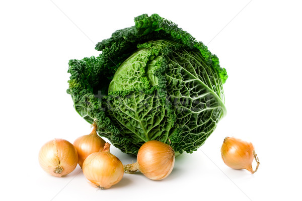 fresh savoy cabbage and five onions Stock photo © marylooo