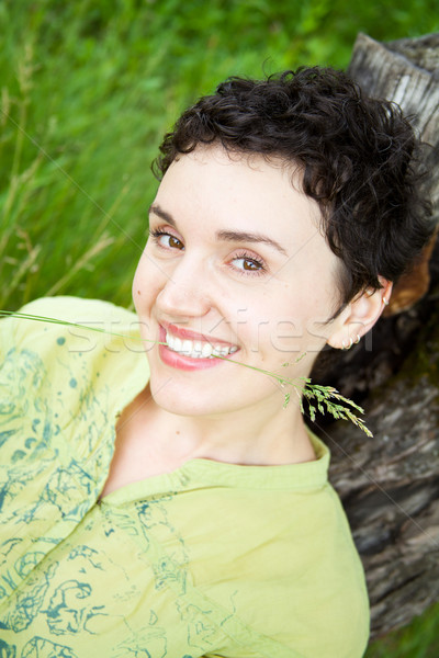 cute girl on green field  Stock photo © marylooo