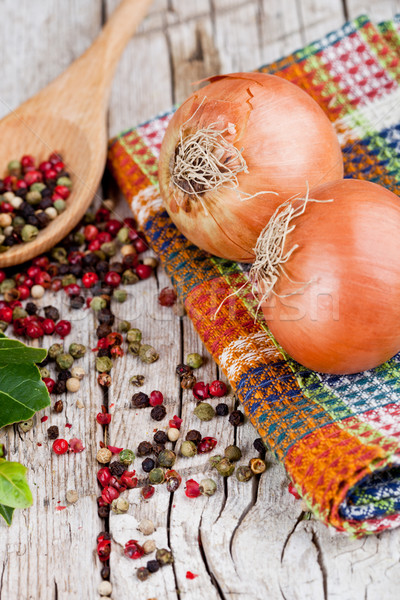fresh onions, peppercorns and bay leaves Stock photo © marylooo