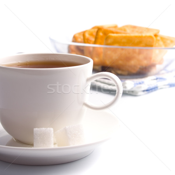 Stock photo: cup of tea, sugar and cookies