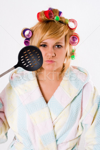 funny housewife with curlers and skimmer Stock photo © marylooo