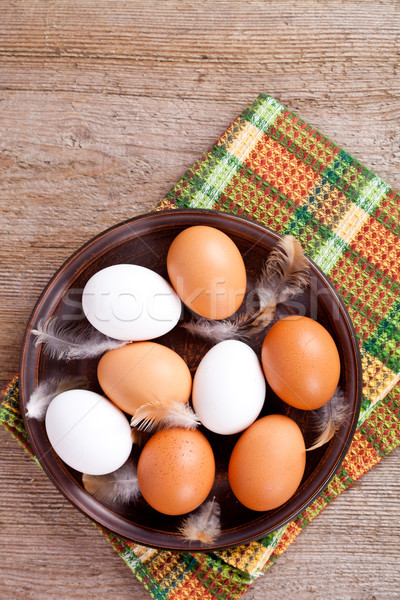 Foto stock: Huevos · placa · toalla · rústico · mesa · de · madera