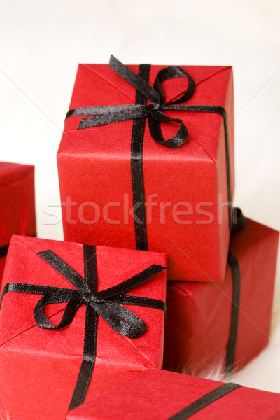 Piros ajándékdobozok fehér szőr papír születésnap Stock fotó © marylooo