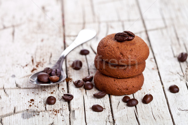 Stock foto: Schokolade · Cookies · Kaffeebohnen · rustikal · Holz · Essen