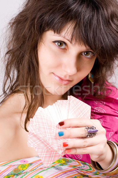 Cartões retrato mulher mão rosa Foto stock © marylooo