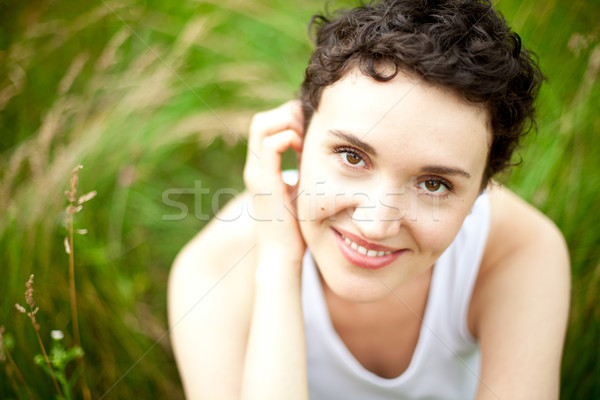 happy cute girl on green field  Stock photo © marylooo