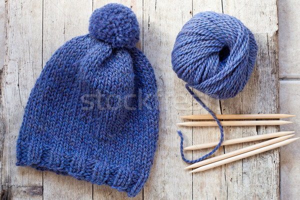 wool blue hat, knitting needles and yarn Stock photo © marylooo