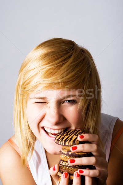 Imagine de stoc: Femeie · mananca · ciocolată · cip · cookie-uri