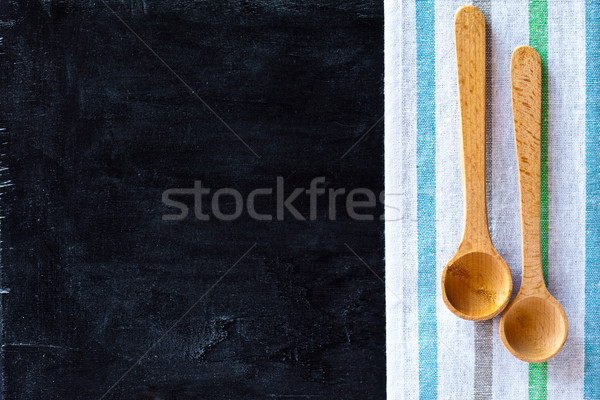 Colheres toalha de mesa lousa madeira tabela Foto stock © marylooo