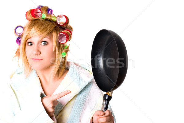 funny housewife with curlers and pan Stock photo © marylooo