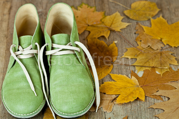 pair of green leather boots and yellow leaves Stock photo © marylooo