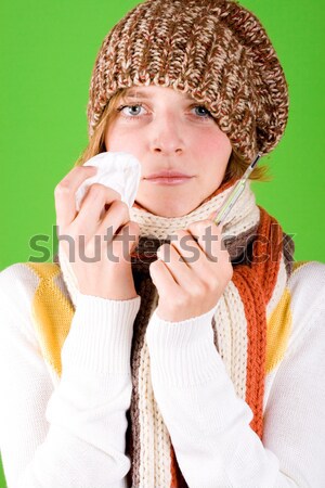 Foto stock: Mujer · pañuelo · termómetro · retrato · verde · salud