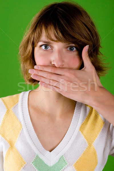 женщину молчание жест портрет зеленый фон Сток-фото © marylooo