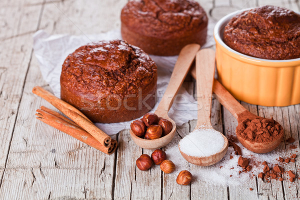 fresh baked browny cakes, sugar, hazelnuts and cocoa powder  Stock photo © marylooo