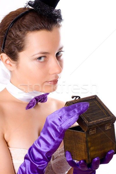 woman in corset and little hat with wooden box Stock photo © marylooo