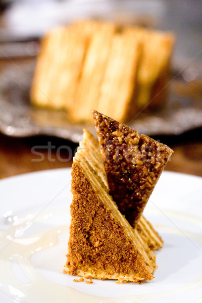 Darab torta közelkép fehér tányér buli Stock fotó © marylooo