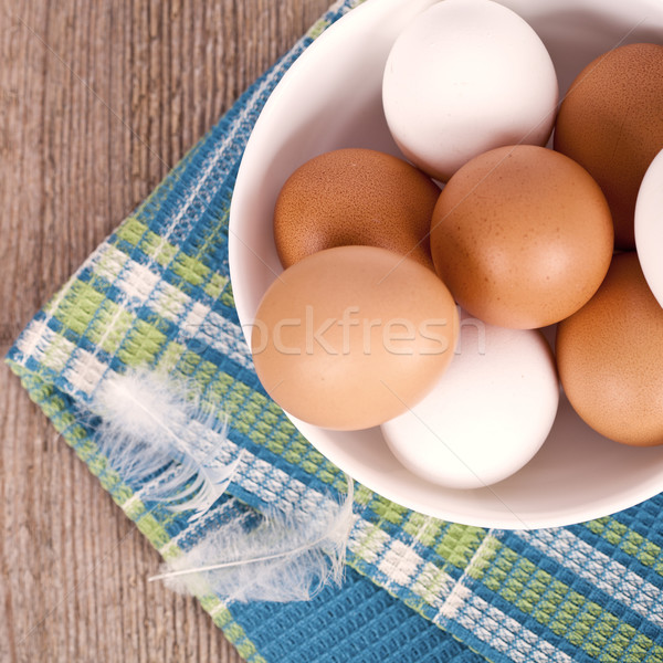 Сток-фото: яйца · чаши · полотенце · деревенский · деревянный · стол