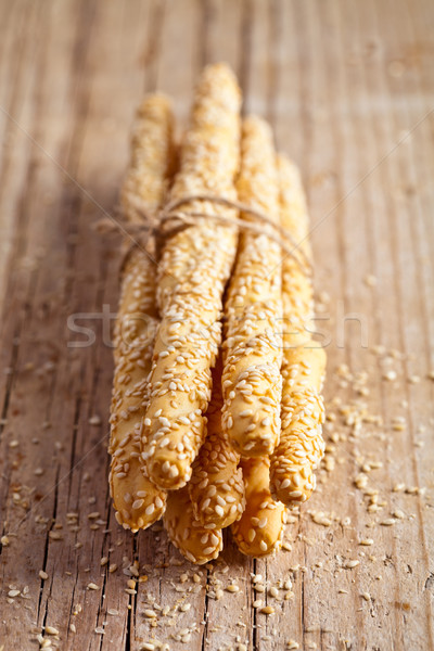 Stock foto: Brot · Sesam · rustikal · Holz · Hintergrund · Frühstück